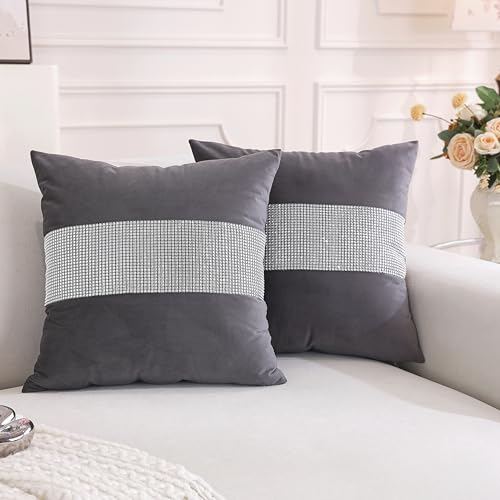 TAOSON Pack of 2, Luxury Grey Matching Sequin Patchwork Velvet Throw Pillow Cover with Silver Sequined Rhinestone Cushion Case Square Pillowcase for Sofa Couch Bedroom Living Room Home,18x18 inch