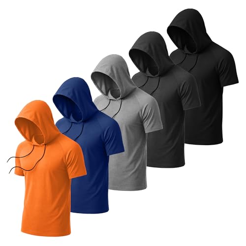 August Alley 5 Pack Men's Big and Tall Hoodies Short Sleeve Sweatshirt Loose Fit Workout Tops Shirts Casual Pullovers Summer(Bright Orange, Blue, Gray, Dark Gray, Black,Large)