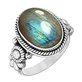 Jeweloporium Labradorita Gris Anillo con Baño de Plata Talla 16, Anillo de Plata .925 para Mujer, Piedra Natural Gruesa Ovalada Joyería Hecha a Mano