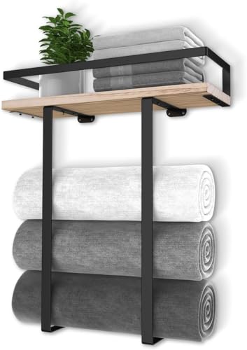 Image of HASTHIP Towel Racks for Bathroom Wall Mounted Metal Towels Holder with Wooden Shelf Folding Large Towels Towel Storage for Small Bathroom Organizer Decor or RV Camping
