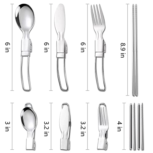 Kitchenmade 4 Pack Reusable Flatware Sets Knife, Fork, Spoon, Chopsticks, Stainless Steel Folding Utensil Set & Nylon Storage Bag ，Ultralight Utensils For Backpacking/Hiking/Camping #TOP3