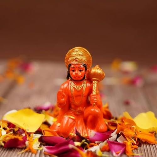 Image of Orange Hanuman Ji Murti Blessing Hanuman Idol Sitting Bajrangbali Balaji Sankat Mochan Bhagwan Statue with Gada for Temple Mandir Car Dashboard Home Decor Resin Hanuman Statue 3.1 Inches