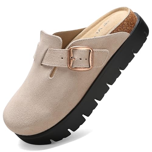 Image of Women's Suede Platform Clogs Leather Mules Slip On Indoor Outdoor Shoes | Arch Support, Cork Footbed, Adjustable Buckle,All Day Comfort