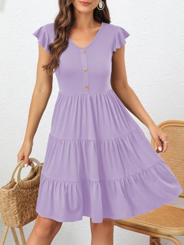 Image of Lamilus Summer Dresses for Women 2026 Ruffle Sleeve V Neck Non-See Through Tiered Babydoll Mini Dress Graduation Beach