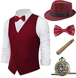 Coucoland 20er jahre accessoires Herren- Mafia Kostüm Gatsby Herren Kostüm Set inklusive Panama Gangster Hut Verstellbar Elastisch Hosenträger Herren Halsschleife Fliege Taschenuhr Weinrot M