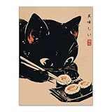 Heltrappe Japanese Cute Black Cat Animal Canvas Poster Delicious Food Sushi Wall Art Vintage Unique Aesthetic...