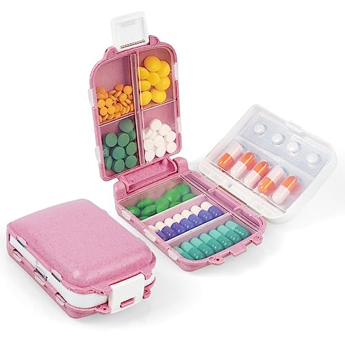ACWOO pillendoos organizer, 3-laags draagbare medicijndoos met 8 vakken, pillendoosje pillendispenser voor vitamines, levertraan, supplementen en medicijnen voor reizen en werk (roze)
