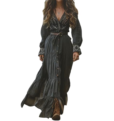 Women's Vintage Western Cowgirl Maxi Dress Long Sleeve Sexy Deep V Flowy  Long Dress Fall Casual Dress,Black,S at Amazon Women's Clothing store