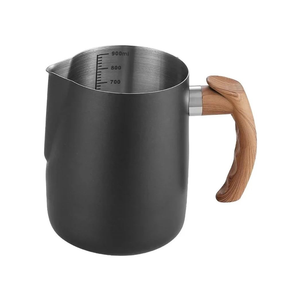 Milchaufschäumkännchen aus Edelstahl, 600/900 ml, präzise Skala, Holzgriff, Latte-Kaffeetasse, Kaffeezubehör, Küche, Café, Zubehör (600 ml, schwarz)