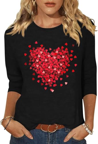 Image of Women's Valentine 3 /4 Sleeve Round Neck Shirt Funny Love Heart Graphic Tee Casual Couple Top Blouse