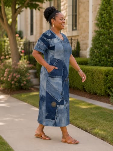Image of Plus Size Maxi Dress for Women Short Sleeve V Neck Casual Loose Sundress with Pockets