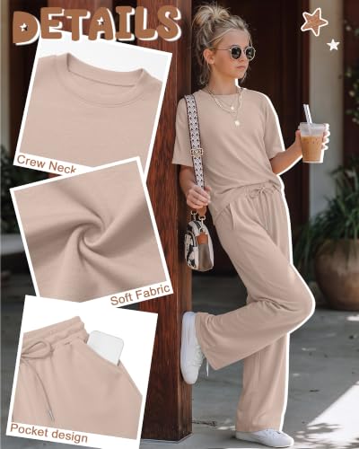 Image of Girls' 2 Piece Outfit Sets | Short Sleeve Shirts, Wide Leg Drawstring Pants with Pockets, Summer Matching Sweatsuit for 5-14y, Teen Back to School Clothes