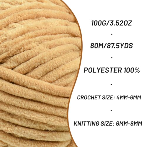 Image of 2 Pack Fluffy Chenille Yarn for Crocheting, Chunky Velvet Yarns for Crochet Amigurumi, Baby Yarn for Crocheting Soft Blanket, 174.9yds /7 oz Bulky Yarns for Crafts /Hats /Shoes /Socks (2 Khaki)