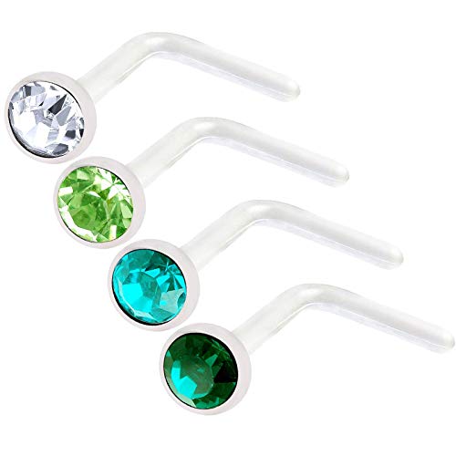4pcs 20g 0.8mm Nose Studs L Shaped Flexible Acrylic Nostril Screw Rings Piercing 2.5mm Crystal BOAP CR BZ PE ER