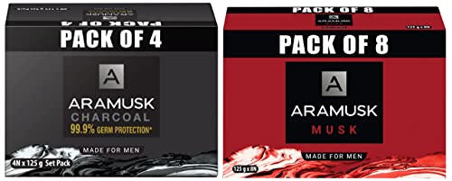 Image of Aramusk Musk Soap, 125G(Pack Of 8) & Charcoal Soap, 125 G (Pack Of 4)