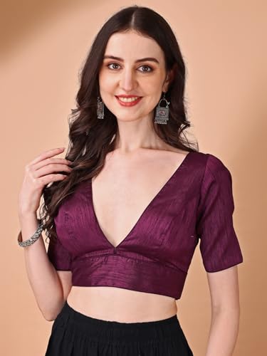 Image of Womanista Women's Dupion Silk Half Sleeve Solid V Neck Readymade Saree Blouse Stylish