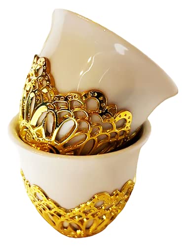 Chandler Espresso Cup Turkish Coffee Cup Arabica Coffee Cup Assorted Design and Shape Available from Brand White Porcelain with Golden Acrylic Accent 90 ml 3 oz Set of 12 Cups (Crowns)