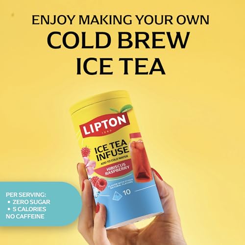 Image of Lipton Ice Tea Infuse Hibiscus Raspberry Cold Brew Tea Bags 10-Count - Brews in Cold Water in Just 5 Minutes for 16 oz Water Bottles - Real Fruit Pieces and Herbals with 5-10 Calories, (Pack of 9)
