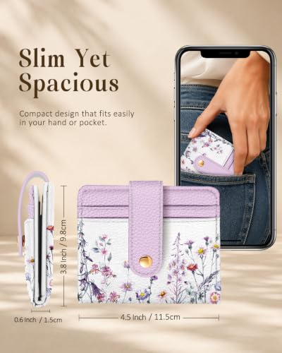 Image of Bistup Small Card Wallet for Women with Keychain, Purple Floral | durable material, clear ID window,, compact design for daily carry, sturdy keychain, aesthetic