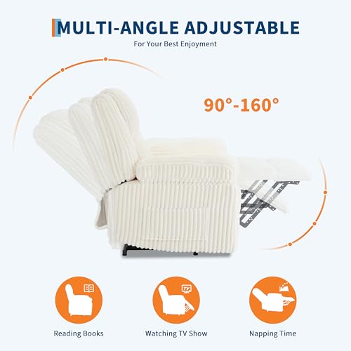 Image of Garvee Corduroy Recliner Chair, Manual Recliner Sofa with Handle, Pillow Top Arms, Thick Padding, Side Pocket, 330Lbs Capacity, Adjustable Recliner for Living Room, Bedroom, Home Theater, White