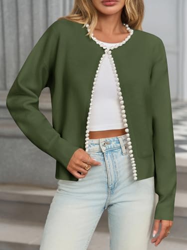 Image of Saodimallsu Womens Fall Open Front Cardigan Sweaters Pearl Long Sleeve Knit Tops Crewneck Dressy Casual Sweater Jacket