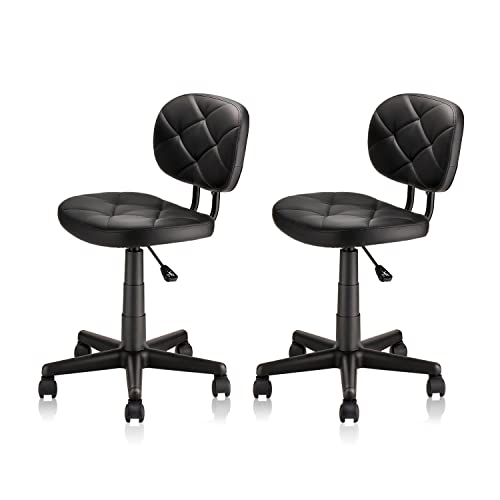 Image of KLASIKA PU Leather Rolling Stool with Back and Wheels, Adjustable Diamond Upholstered Drafting Stool, Multi-Purpose Desk Chair for Home Office Bar Kitchen Shop, Black (2PK)