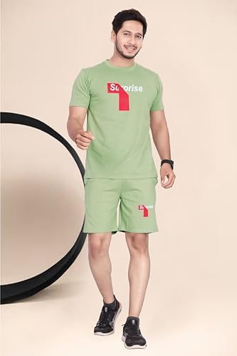 Image of HOODMASTER Men's Cotton Night Suit Set of Top & Knee Length Shorts with Round Neck Half Sleeves Solid Pattern Regular Fit and Standard Length | Mens Cotton Night Suit | T-Shirt and Shorts Sets