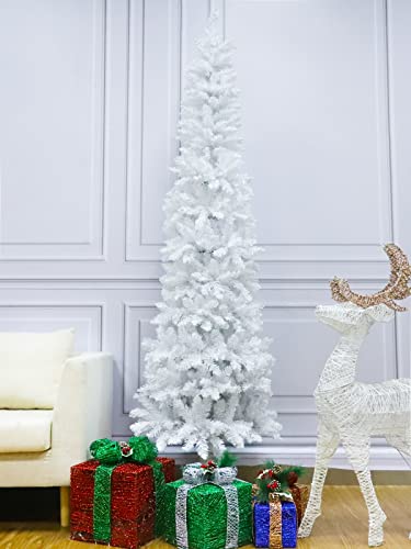 Turnmeon 7 Feet Pencil Artificial Christmas Tree Decoration With 800 Branch Tips Metal Stand Lush Hinged Slim Xmas Tree Decor For Indoor Outdoor Home Party Holiday Christmas Decorations (White) #TOP5