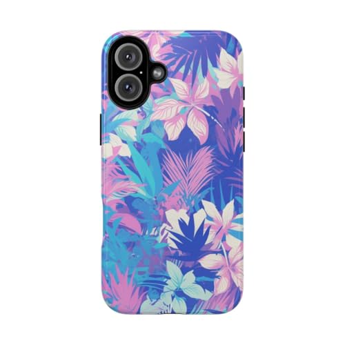 Coque rigide brillante iPhone 16 Plus motif floral tropical violet cyan premium