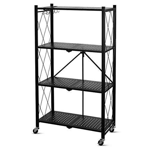 Foldable Shelving Unit Storage Rack on Wheels Large Capacity Heavy Duty Steel 4-Shelf Organizer with Hooks Black