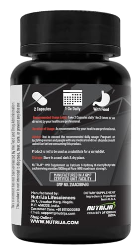 Image of NutriJa HMB 1000MG Capsules | CaHMB Beta-Hydroxy Beta-Methylbutyrate Supplement | Supports Muscle Maintenance, Workout Recovery & Strength Training Routine - 60 Capsules