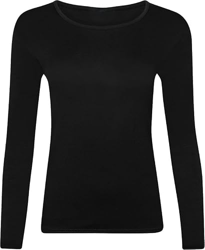 Image of New Ladies Long Sleeve Round Neck Plain Basic Women's Stretch T-Shirt (Black, 10)