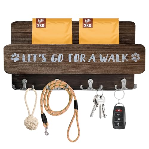 Hunde Schlüsselaufhänger Hunde Schlüsselbrett mit 4 Haken, Hundegarderobe mit Ablage, Hundeleinenhalter Wand, Schlüsselbrett, Hölzerne Hundeleinen Halterung für Flur, Eingangsbereich (Braun)