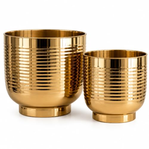Image of ecofynd 2 Pack Metal Plant Pots (7 inch, 8 inch L), Indoor Small Planter Flower Pots, Home Garden Decor Planter for Living Room Bedroom Interior (Gold Finish, POT049)