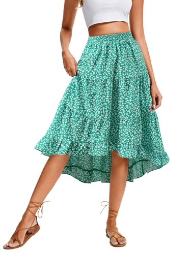 Timormode Boho Midi Skirt for Women Floral Long Summer Beach Skirts Elastic High Waist Casual Flowy Skirt High Low Hem
