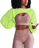 Artfish Women's Crewneck Long Sleeve Crop Hoodie Workout Gym Casual Cut-Out Loose Cropped Sweatshirts Teen Rave Lime Neon Green, S