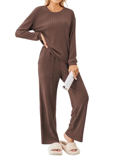 Ekouaer Womens Pajama Sets 2 Piece Ribbed Knit Lounge Sets Long Sleeve Pjs Soft Sleepwear Fall Outfits with Patch Pockets