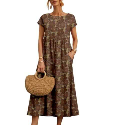 Vestido Vestido de Verano con Estampado de Cuello Redondo Suelto, Algodón, Lino Y sin Mangas para Mujeres, YYEFNMAZ, Café, XXL