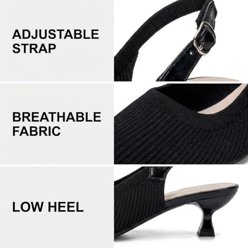 Image of youngshow Women's Slingback Kitten Heels for Work | Knit, Low Heels, Elastic Back Strap, Slip on, Pumps for Office, Wedding, Party