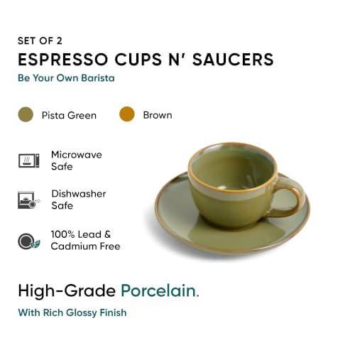 Image of Shay Ceramic Espresso Cup Set, Set of 2, 100ml, Pista Green| Espresso Cup and Saucer | Glossy Finish | Espresso Cup Ceramic | Espresso Cups Small | Microwave Safe (Espresso Set, Pista Green)
