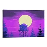 Purple Mountain Moon Pixel Art Poster Canvas Wall Art Posters & Prints Painting for Bedroom Classroom Dorm Living Room Aesthetic Decor for Mens Women Framed Unframed 16x24inch(40x60cm)