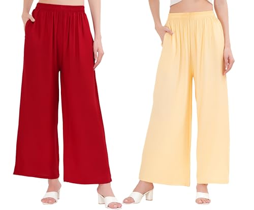 Image of Buy That Trendz Palazzo Pants for Women Cotton Rayon Elasticated Flared Wide Leg Regular Fit M to 6XL Pack of 2