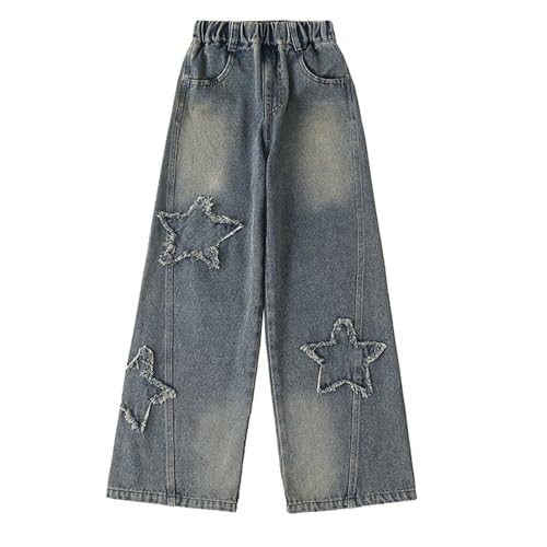 Teen Girls Wide Leg Jeans Elastic Waist 𝗦tars Applique Baggy Trousers Streetwear 𝗩intage Denim Pants