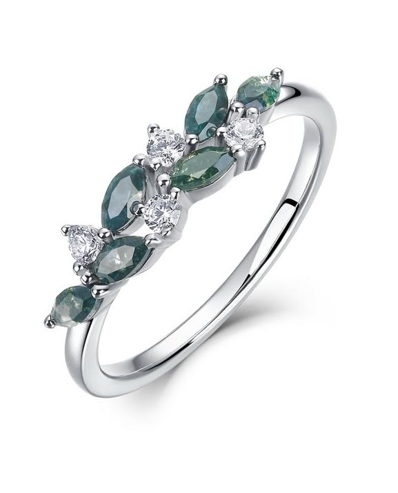 Natural Moss Agate Ring For Women 925 Sterling Silver Moss Agate Ring Genuine Green Moss Engagement Wedding Rings For Bridal 14k/18k Gold Promise Ring Luxury Jewelry