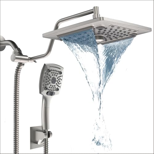 Image of ELLO&ALLO Rain Shower Head with Handheld Spray, Rainfall Shower Head Combo with 60 inch Hose, Dual Showerhead Set with Adjustable Shower Extension Arm, Brushed Nickel