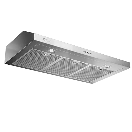 VIKIO HOME Under Cabinet Range Hood 36 Inch 1200 CFM Dual-Motor Kitchen Vent with LED Lights Button Control Ducted Vent Hood Reusable 5-Layer Aluminum Filters Stainless Steel