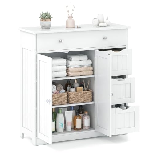 Image of Tangkula Bathroom Floor Cabinet, Large Modern Freestanding Storage Cabinet with 4 Drawers, 2 Doors & Adjustable Shelf, for Living Room, Entryway, Kitchen (White)