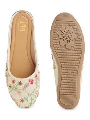 Image of OPIVE's Mehandi Women's Mojari Jutti Ethnic Punjabi Juttis Traditional Flat Embroidered Canvas Fancy Bellies Comfortable Sole for Womens & Girls