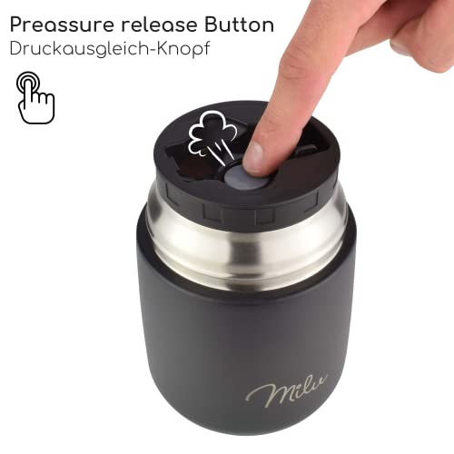 Image of Milu Thermal Food Container 650 ml, Stainless Steel Warming Container with Spoon, Thermal Food Mug, Thermal Lunch Box for Children, Adults, Thermal Box Soups, Baby Porridge, Food Container Black, 650