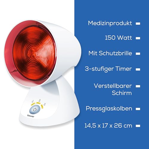Beurer IL 35 Infrarotlampe, wohltuendes und wärmendes Infrarotlicht mit 3-stufigem Timer, 5 Neigungswinkeln, Lockerung von Muskeln und Linderung von Verspannungen, 1 Stück , Weiß